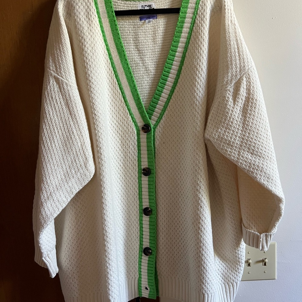 Cozy Cream and Green Knit Cardigan Sweater